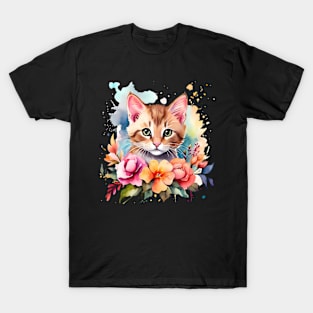 A cat decorated with beautiful watercolor flowers T-Shirt